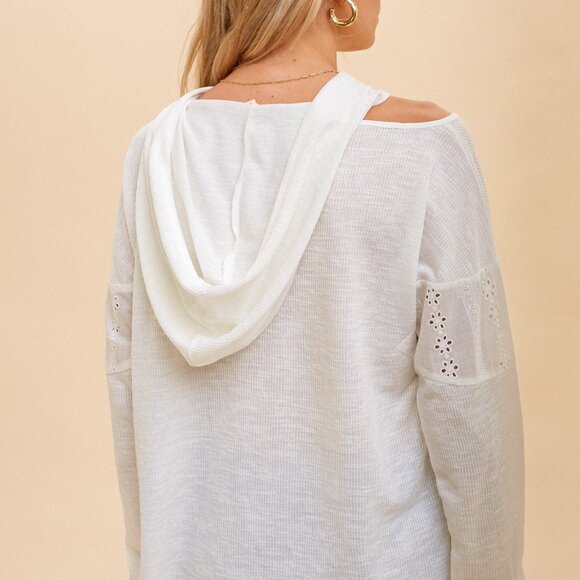 HEM & THREAD White Eyelet Cold Shoulder Hoodie, Lightweight Boho Pullover Top - Picture 2 of 7